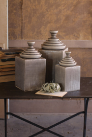 Set Of Three Grey Textured Ceramic Canisters W Pyramid Tops