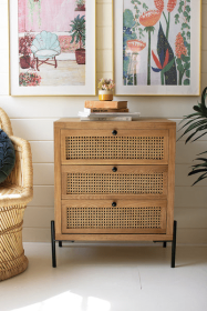 Wood Bedside Table With Three Woven Cane Drawers