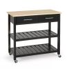 Modern Black Kitchen Island Cart with Wood Top 2 Drawers and 2 Bottom Shelves