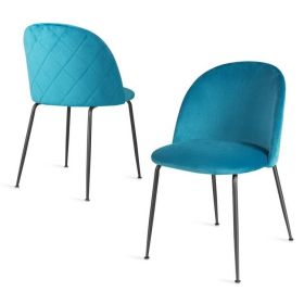 Set of 2 Modern Teal Blue Green Velvet Upholstered Dining Chair with Metal Legs