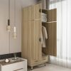 Modern 2-Door Armoire Wardrobe Cabinet with Hanging Rail in Natural Wood Finish