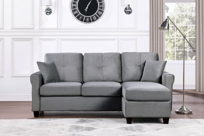 Reversible Configuration 1pc Sectional Sofa with 2 Pillows Gray Velvet Fabric Upholstered Tufted Back Living Room Furniture