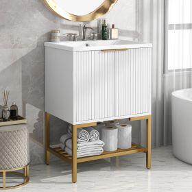 24" Bathroom Vanity with Sink, Bathroom Vanity Cabinet with Two Doors and Gold Metal Frame, Open Storage Shelf