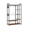 JHX Free-Standing Closet Organizer with Storage Box & Side Hook; Portable Garment Rack with 6 Shelves and Hanging Rod; Black Metal Frame&Rustic Board