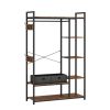 JHX Free-Standing Closet Organizer with Storage Box & Side Hook; Portable Garment Rack with 6 Shelves and Hanging Rod; Black Metal Frame&Rustic Board