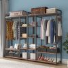 JHX Free-Standing Closet Organizer with Storage Box & Side Hook; Portable Garment Rack with 6 Shelves and Hanging Rod; Black Metal Frame&Rustic Board