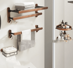 Solid Wood Towel Rack Perforation-free Bathroom Shelving (Option: Upgraded four piece set)