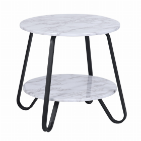 Round End Side Table with 2-Tier Shelves (Color: Marble White/Black, size: 18.1"W x 18.1"D x 17.7"H)