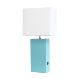 Lalia Home Lexington Leather Base Modern Home Decor Bedside Table Lamp with USB Charging Port (Color: Aqua, size: 21")