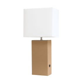 Lalia Home Lexington Leather Base Modern Home Decor Bedside Table Lamp with USB Charging Port (Color: Beige, size: 21")