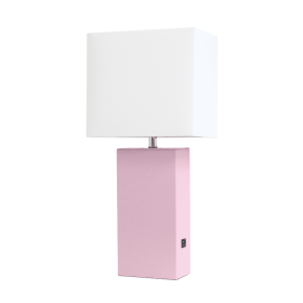 Lalia Home Lexington Leather Base Modern Home Decor Bedside Table Lamp with USB Charging Port (Color: Blush Pink, size: 21")