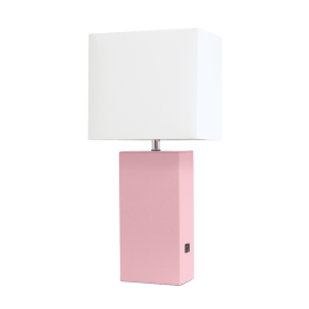 Lalia Home Lexington Leather Base Modern Home Decor Bedside Table Lamp with USB Charging Port (Color: Pink, size: 21")