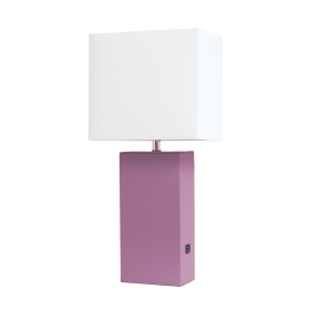 Lalia Home Lexington Leather Base Modern Home Decor Bedside Table Lamp with USB Charging Port (Color: Purple, size: 21")