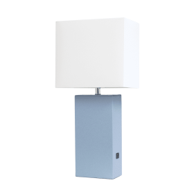 Lalia Home Lexington Leather Base Modern Home Decor Bedside Table Lamp with USB Charging Port (Color: Periwinkle, size: 21")