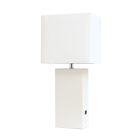 Lalia Home Lexington Leather Base Modern Home Decor Bedside Table Lamp with USB Charging Port (Color: White, size: 21")