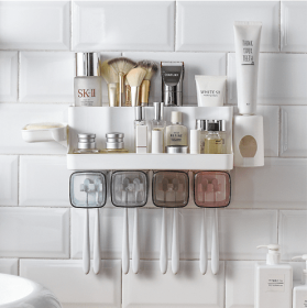 Toothbrush Holder Bathroom Shelving Perforation-free Suction Wall Bathroom Toiletry Set (Option: Shelf soap box-Automator for a family of thre)