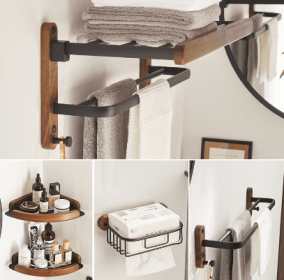 Solid Wood Towel Rack Perforation-free Bathroom Shelving (Option: Basic four piece set)