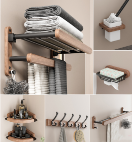 Solid Wood Towel Rack Perforation-free Bathroom Shelving (Option: Upgraded six piece set)