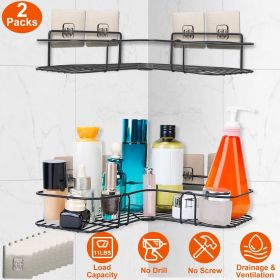 2Pcs Corner Shower Caddy Shelves Wall Mounted Basket Rack Bathroom Shampoo Holder Storage Organizer (Color: Black)