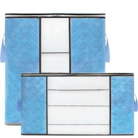 Portable Organizer Non-Woven Storage Bag with Reinforced Handle Sturdy Fabric Clear Window for Sweaters, Coats, T-shirts, Blankets (Color: Blue, Type: Vertical)