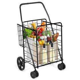 Folding Shopping Cart with Swiveling Wheels and Dual Storage Baskets (Color: Black)