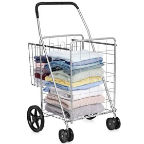 Folding Shopping Cart with Swiveling Wheels and Dual Storage Baskets (Color: Silver)